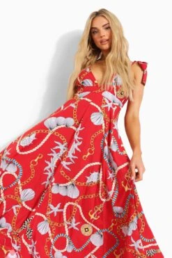 Robe Longue à épaules Nouées Et Décolleté Plongeant Imprimé Nautique -BOOHO Kleidung Magasin fzz16454 red xl 2