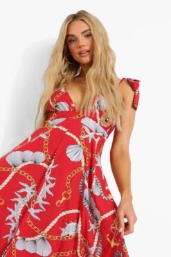 Robe Longue à épaules Nouées Et Décolleté Plongeant Imprimé Nautique -BOOHO Kleidung Magasin fzz16454 red xl 3