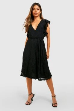 Robe Patineuse Mi Longue à Dentelle Et Manches Volantées -BOOHO Kleidung Magasin fzz31400 black xl 2