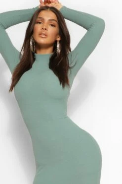 BOOHOO Robe Mi-longue Côtelée à Col Montant En Tissu Premium -BOOHO Kleidung Magasin fzz46179 green xl 3