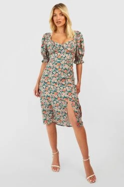 Robe Mi-longue Fendue à Manches Bouffantes Et Imprimé Fleuri