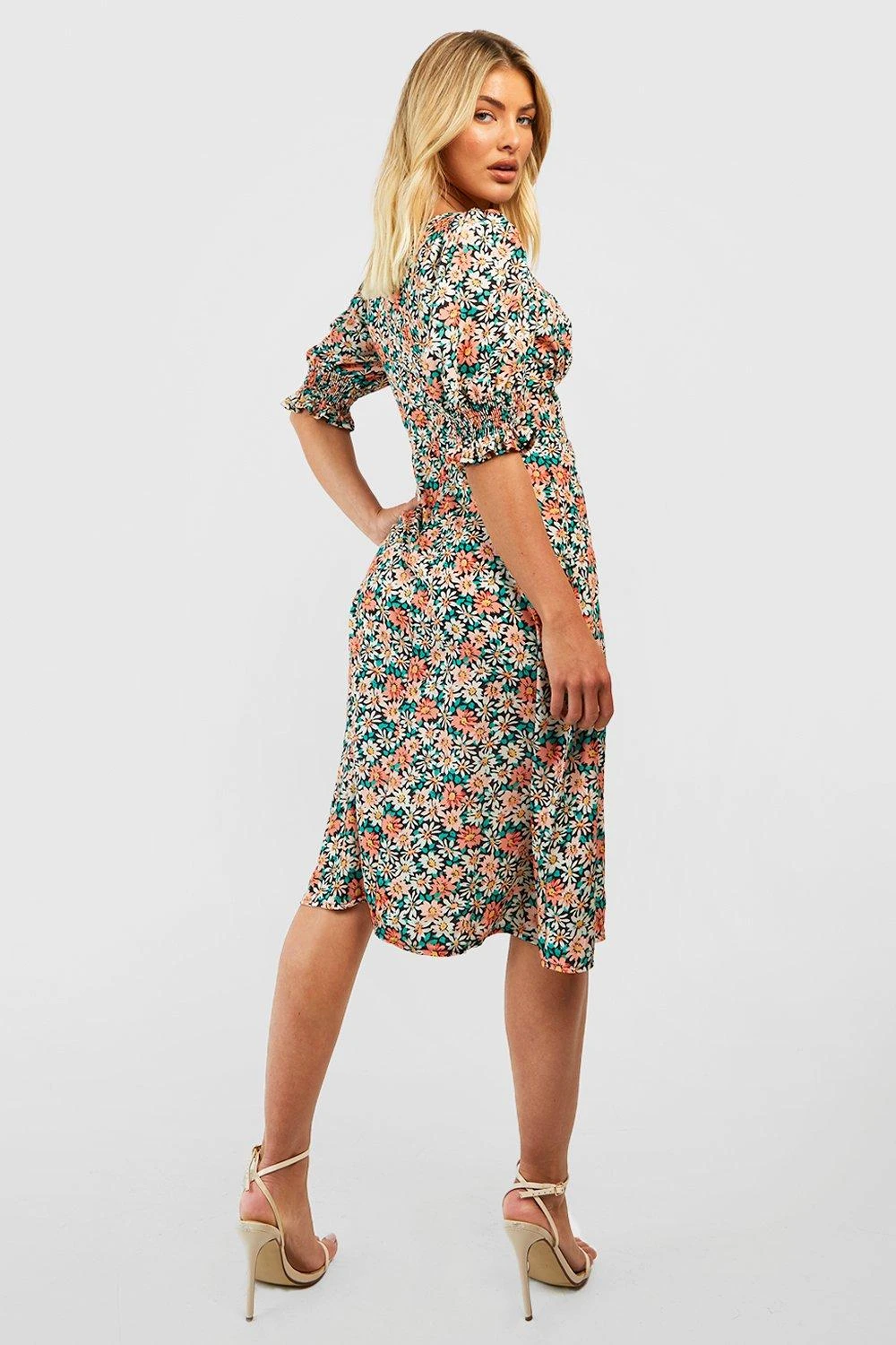 Robe Mi-longue Fendue à Manches Bouffantes Et Imprimé Fleuri 4 Robe Mi-longue Fendue à Manches Bouffantes Et Imprimé Fleuri – Image 2