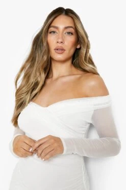 Maternité - Robe Mi-longue Froncée à épaules Dénudées 9 Maternité - Robe Mi-longue Froncée à épaules Dénudées -BOOHO Kleidung Magasin gzz01394 white xl 3
