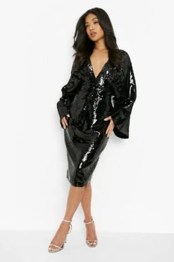 Petite - Robe Mi-longue Pailletée à Manches Flare -BOOHO Kleidung Magasin gzz01468 black xl 2