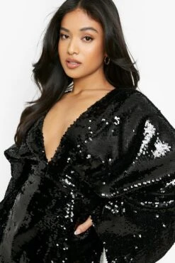 Petite - Robe Mi-longue Pailletée à Manches Flare -BOOHO Kleidung Magasin gzz01468 black xl 3