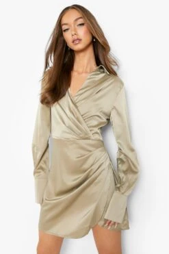 Robe Chemise Satinée Premium à épaulettes -BOOHO Kleidung Magasin gzz01665 sage xl 2