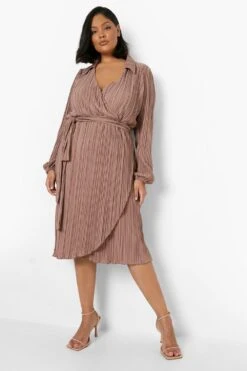 Grande Taille - Robe Mi-longue Croisée Plissée En Tissu Premium -BOOHO Kleidung Magasin gzz02097 stone xl 2