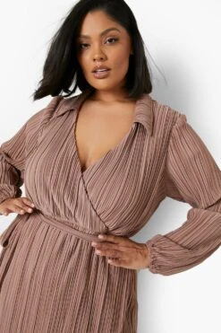 Grande Taille - Robe Mi-longue Croisée Plissée En Tissu Premium -BOOHO Kleidung Magasin gzz02097 stone xl 3