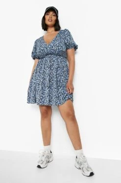 Grande Taille - Robe Patineuse à Manches Froncées Et Imprimé Fleuri