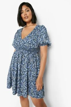 Grande Taille - Robe Patineuse à Manches Froncées Et Imprimé Fleuri -BOOHO Kleidung Magasin gzz03106 navy xl 2