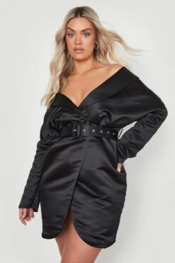Grande Taille - Robe Blazer Satinée à épaules Dénudées Et Ceinture