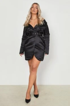 Grande Taille - Robe Blazer Satinée à épaules Dénudées Et Ceinture -BOOHO Kleidung Magasin gzz03519 black xl 2