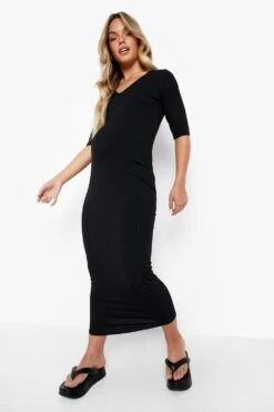 BOOHOO Maternité - Robe De Grossesse Mi-longue Côtelée à Col V -BOOHO Kleidung Magasin gzz06303 black xl 2