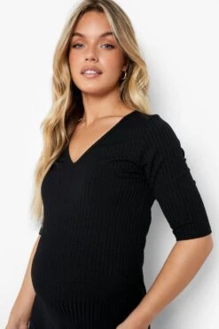 BOOHOO Maternité - Robe De Grossesse Mi-longue Côtelée à Col V -BOOHO Kleidung Magasin gzz06303 black xl 3