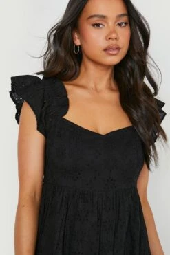 Petite - Robe Mi-longue En Broderie Anglaise à Col Bateau Et Manches Bouffantes -BOOHO Kleidung Magasin gzz07814 black xl 3