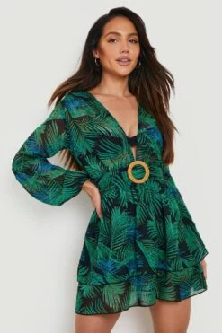 BOOHOO Robe De Plage à Décolleté Plongeant Et Imprimé Tropical