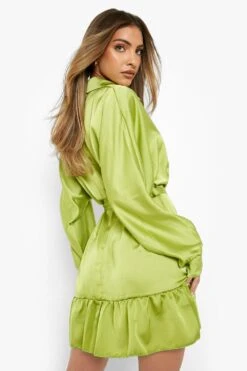 Robe Chemise Satinée Volantée à Ceinture -BOOHO Kleidung Magasin gzz09496 olive xl 1