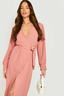 Robe Chemise Croisée Texturée à Ceinture -BOOHO Kleidung Magasin gzz11512 rose xl 3