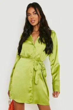 Robe Chemise Satinée Effet Drapé -BOOHO Kleidung Magasin gzz11676 chartreuse xl 2