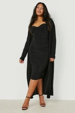 Grande Taille - Ensemble Avec Cardigan Long Et Robe Bustier Mi-longue 8 Grande Taille - Ensemble Avec Cardigan Long Et Robe Bustier Mi-longue -BOOHO Kleidung Magasin gzz11823 black xl 2