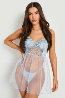 Ensemble Brodé à Laçages Avec Robe Babydoll Et String -BOOHO Kleidung Magasin gzz12659 blue xl 2