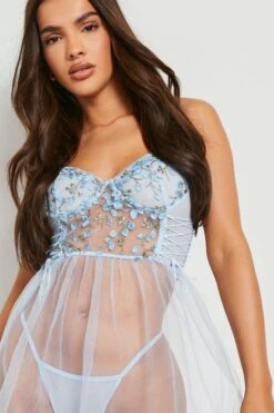 Ensemble Brodé à Laçages Avec Robe Babydoll Et String -BOOHO Kleidung Magasin gzz12659 blue xl 3