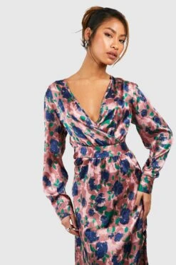 Robe Portefeuille Satinée à Imprimé Fleuri -BOOHO Kleidung Magasin gzz13990 pink xl 3