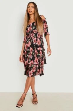 Robe Mi-longue Plissée à épaules Dénudées Et Imprimé Fleuri