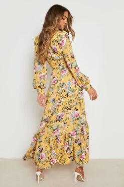 Robe Longue Froncée à Imprimé Fleuri -BOOHO Kleidung Magasin gzz14730 yellow xl 1