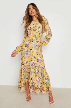 Robe Longue Froncée à Imprimé Fleuri -BOOHO Kleidung Magasin gzz14730 yellow xl 2