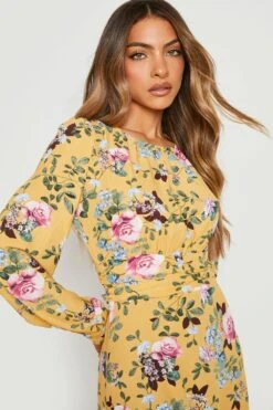 Robe Longue Froncée à Imprimé Fleuri -BOOHO Kleidung Magasin gzz14730 yellow xl 3