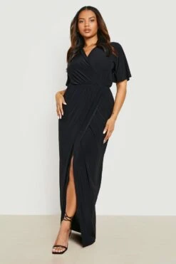 Grande Taille - Robe Portefeuille Soyeuse à Manches Larges -BOOHO Kleidung Magasin gzz14848 black xl 2