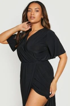 Grande Taille - Robe Portefeuille Soyeuse à Manches Larges -BOOHO Kleidung Magasin gzz14848 black xl 3