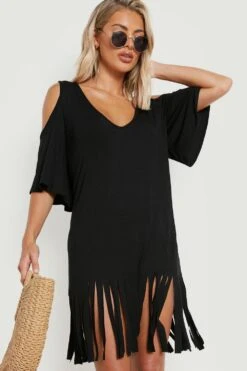 Robe De Plage Découpée à épaules Dénudées Et Pompons -BOOHO Kleidung Magasin gzz15453 black xl 3