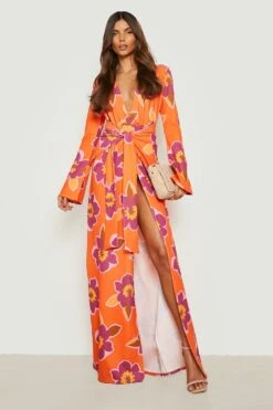 Robe Longue Drapée à Imprimé Fleuri -BOOHO Kleidung Magasin gzz15514 orange xl 2