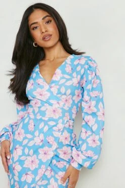 Petite - Robe Croisée à Manches Volumineuses Et Imprimé Fleuri -BOOHO Kleidung Magasin gzz16010 pale20blue xl 3