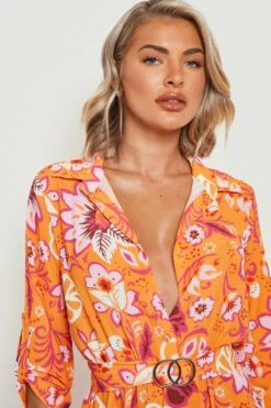 Robe Chemise à Ceinture Et Imprimé Fleuri 9 Robe Chemise à Ceinture Et Imprimé Fleuri -BOOHO Kleidung Magasin gzz16242 orange xl 3