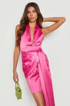 Robe Drapée Satinée à Décolleté Plongeant -BOOHO Kleidung Magasin gzz16259 pink xl 2
