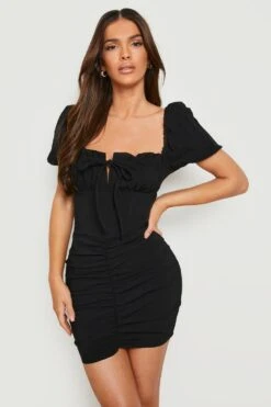 Robe Courte Froncée à Manches Bouffantes -BOOHO Kleidung Magasin gzz16285 black xl 2