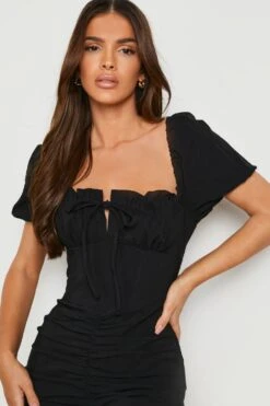 Robe Courte Froncée à Manches Bouffantes -BOOHO Kleidung Magasin gzz16285 black xl 3