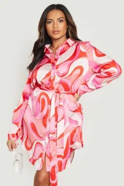 Grande Taille - Robe Chemise à Imprimé Abstrait -BOOHO Kleidung Magasin gzz17128 pink xl 3