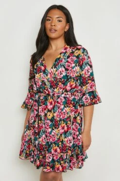 Grande Taille - Robe Croisée à Ceinture Et Imprimé Fleuri -BOOHO Kleidung Magasin gzz17162 black xl 2