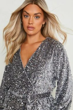 Grande Taille - Robe Mi Longue Cache-coeur à Paillettes -BOOHO Kleidung Magasin gzz17491 silver xl 3