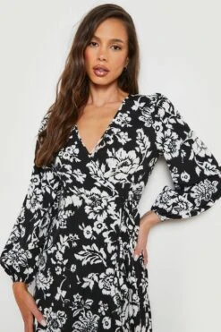 Robe Portefeuille à Volants Et Imprimé Fleuri -BOOHO Kleidung Magasin gzz17769 black xl 3