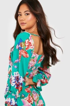 Robe Courte Satinée à Imprimé Floral -BOOHO Kleidung Magasin gzz18945 green xl 3