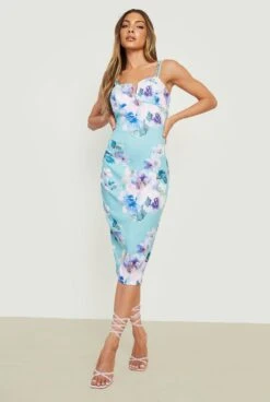 Robe Mi-longue à Col V Et Imprimé Fleuri -BOOHO Kleidung Magasin gzz18995 aqua xl 2