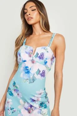 Robe Mi-longue à Col V Et Imprimé Fleuri -BOOHO Kleidung Magasin gzz18995 aqua xl 3