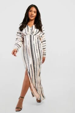 Grande Taille - Robe Longue Fendue Pailletée à Rayures -BOOHO Kleidung Magasin gzz19797 nude xl 2