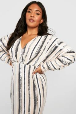 Grande Taille - Robe Longue Fendue Pailletée à Rayures -BOOHO Kleidung Magasin gzz19797 nude xl 3