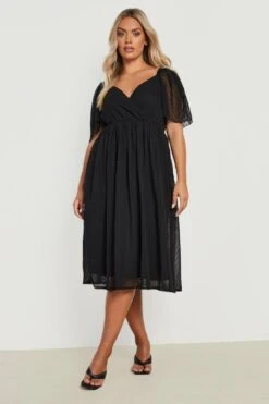 Grande Taille - Robe Portefeuille Plumetis à Manches Larges -BOOHO Kleidung Magasin gzz20324 black xl 2